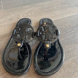 Size 7.5, Tory Burch Miller Sandal, Black Patent Leather